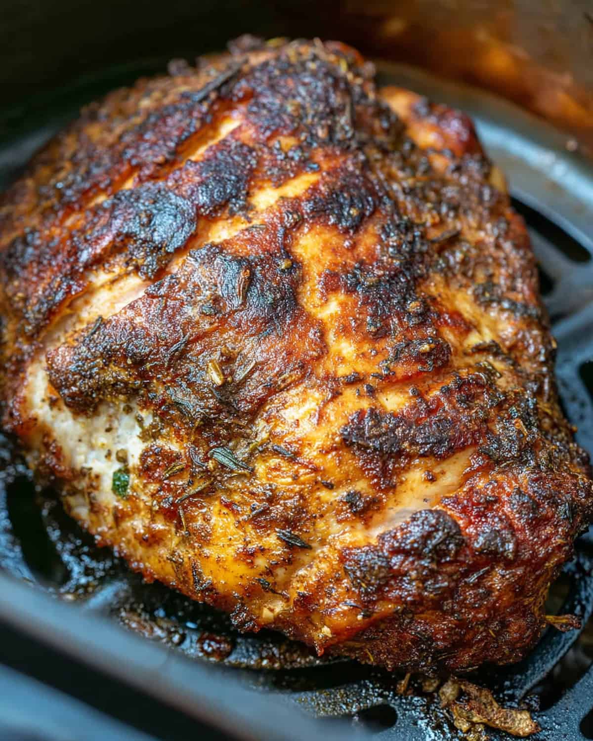 Juicy seasoned turkey breast cooked in the air fryer with a golden roasted crust Close up of a seasoned turkey breast in the air fryer with a crispy golden brown crust.