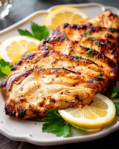 Air Fryer Chicken Cutlets with char marks, served on a white platter with fresh lemon slices and parsley garnish.