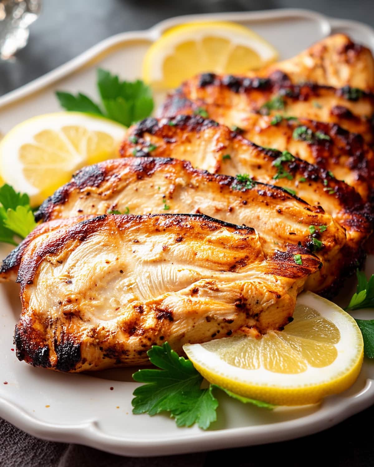 Air Fryer Chicken Cutlets with char marks, served on a white platter with fresh lemon slices and parsley garnish.