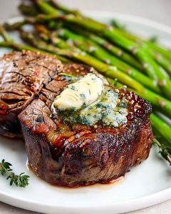 Air Fryer Filet Mignon topped with herb butter, served with sliced steak and fresh green beans.