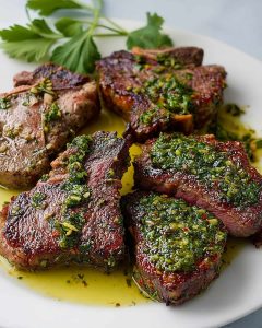 Air Fryer Lamb Chops topped with vibrant green chimichurri sauce, sliced.