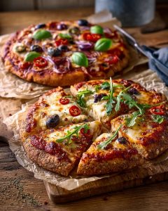 Air Fryer Pizza with melted cheese, olives, fresh arugula, and sliced peppers on a crispy crust.