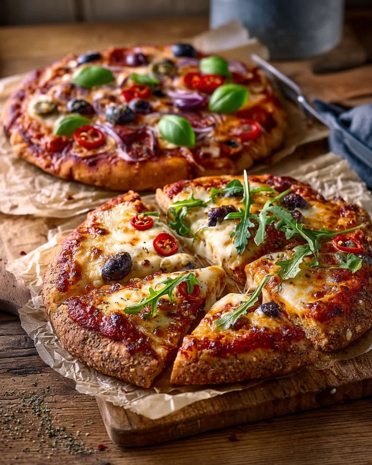 Air Fryer Pizza with melted cheese, olives, fresh arugula, and sliced peppers on a crispy crust.