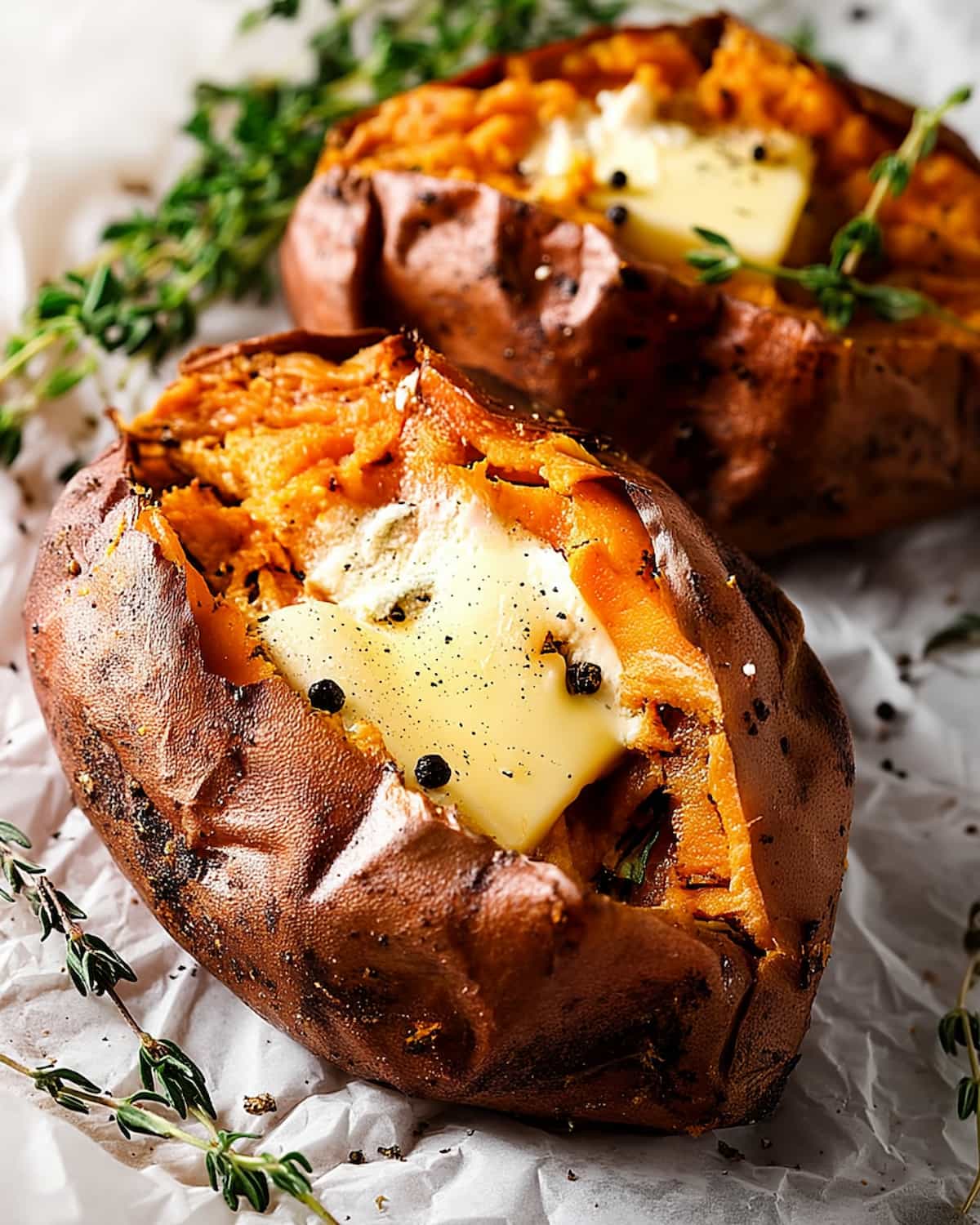 Air Fryer Sweet Potato with a fluffy center, topped with melted butter, black pepper, and fresh thyme.