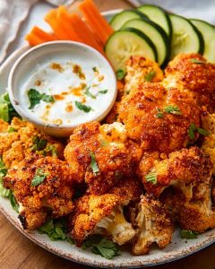 Buffalo Cauliflower Air Fryer bites with golden coating, served with creamy ranch dip, cucumber slices.