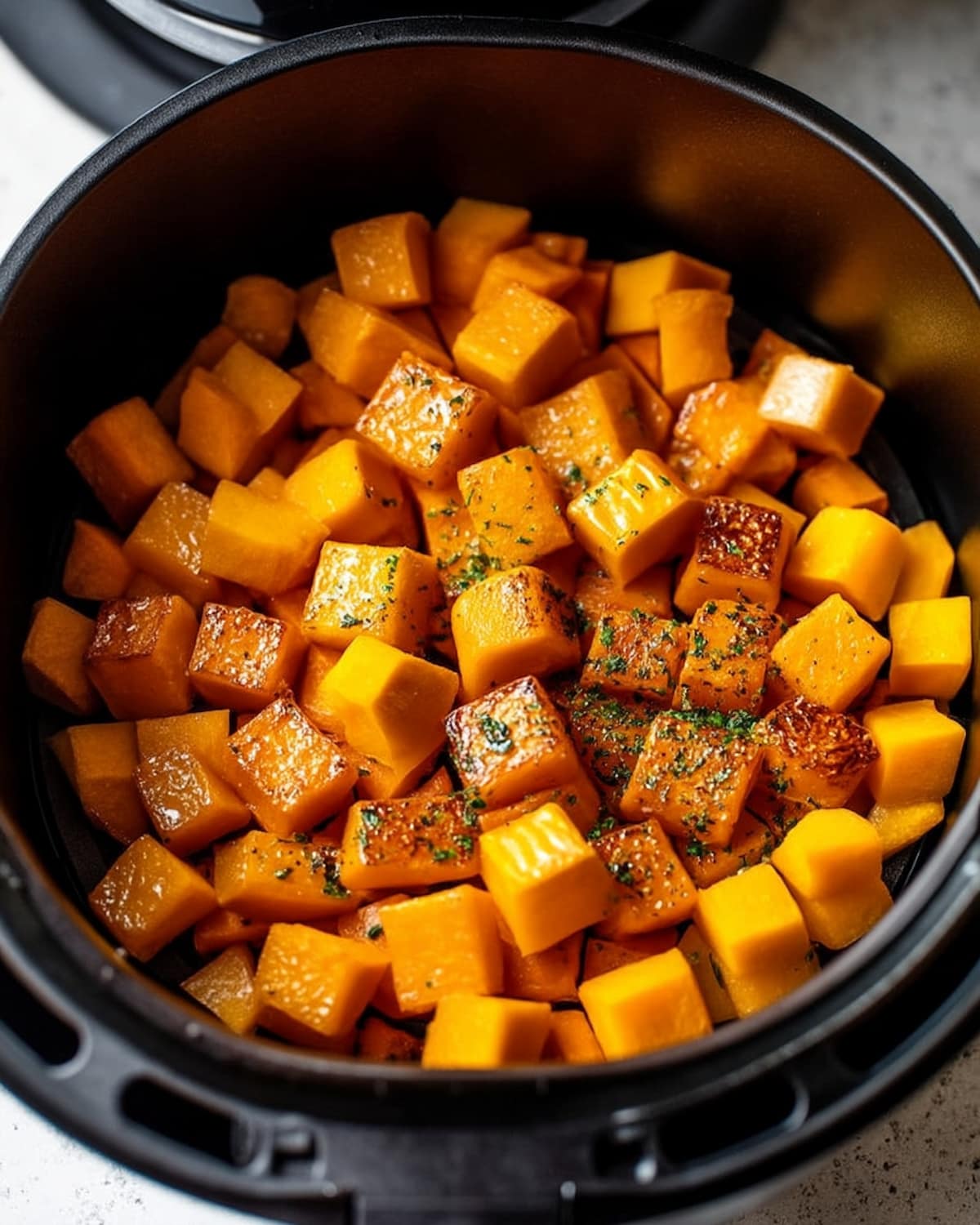 Tender roasted butternut squash cubes cooked in the air fryer Crispy roasted butternut squash cubes in an air fryer basket with a golden finish