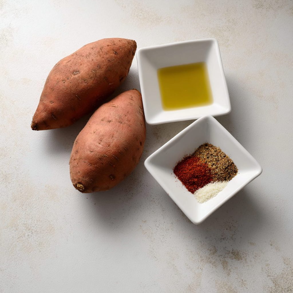 Ingredients for **Cajun Sweet Potato Fries Air Fryer**: fresh sweet potatoes, olive oil, and a mix of Cajun spices on a light background.
