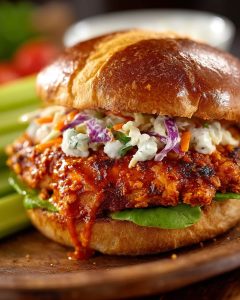 Air Fryer buffalo chicken sandwich topped with creamy coleslaw on a toasted bun.