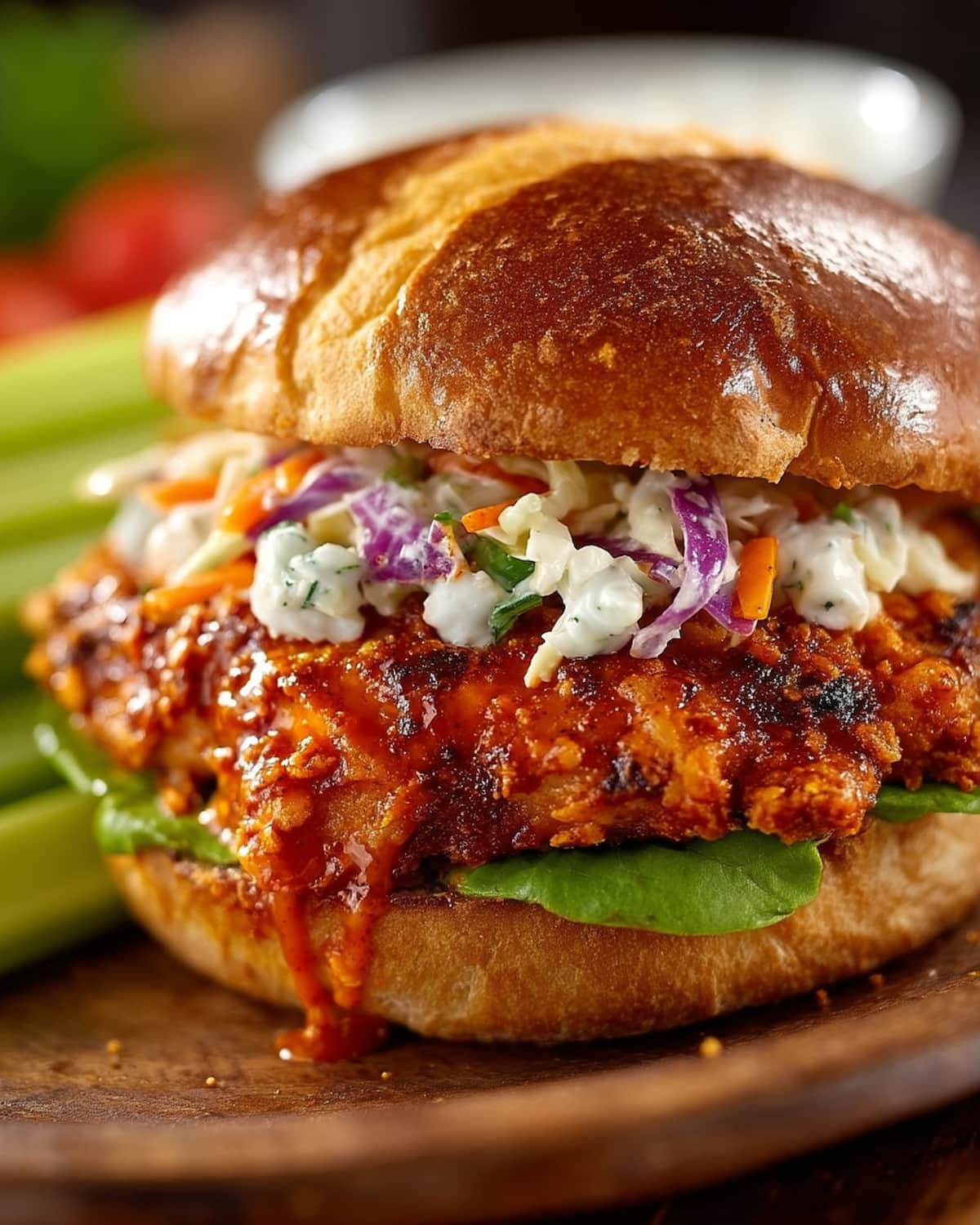 Air Fryer buffalo chicken sandwich topped with creamy coleslaw on a toasted bun.