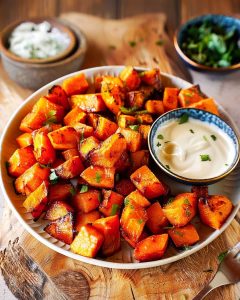 Air Fryer butternut squash cubes garnished with fresh herbs.