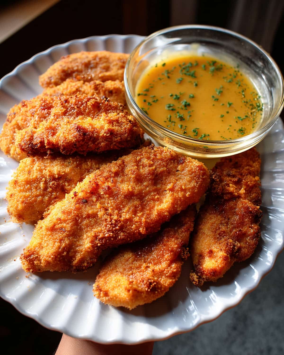 Air Fryer chicken tenders, garnished with herbs on top.