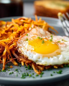 Air fryer hash browns topped with a sunny-side-up egg.