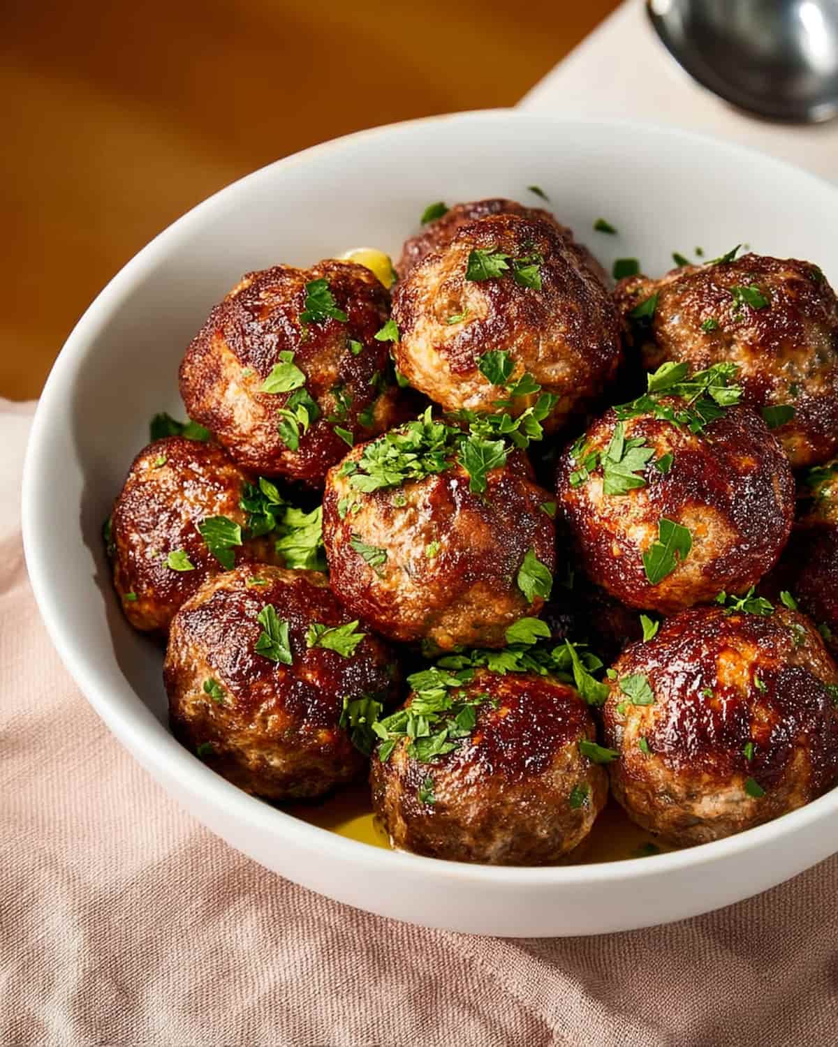 Air Fryer meatballs, golden brown and topped with chopped parsley.