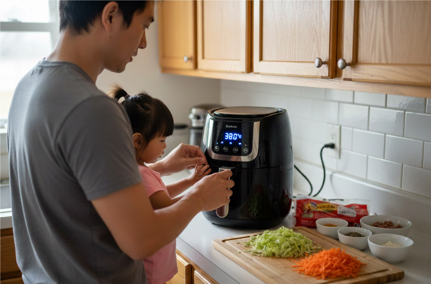 Air Fryer Plates Garrison Lily Kitchen Garrison Chen teaching his 4-year-old daughter Lily to use air fryer in their Fargo kitchen, air fryer display showing 380°F for egg roll preparation