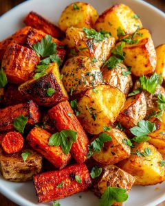 Air Fryer potatoes and carrots seasoned with herbs and spices.