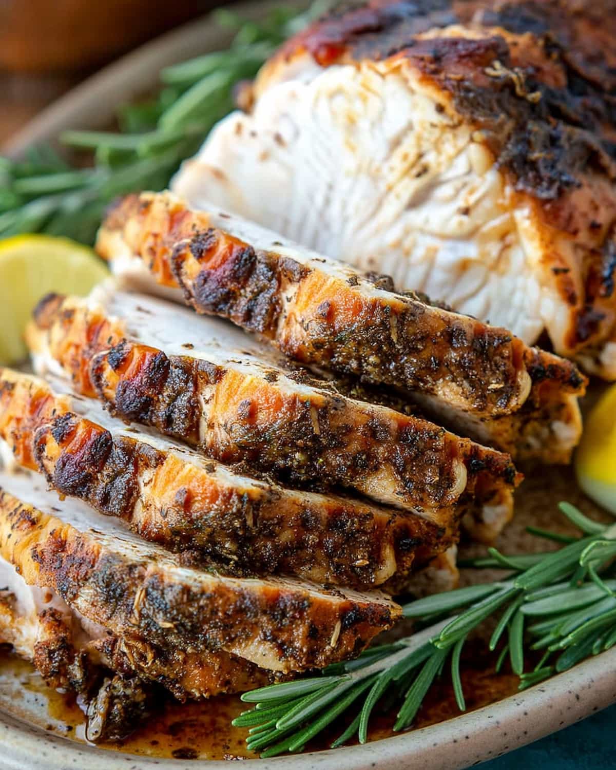Air Fryer turkey breast on a plate with herbs and lemon, showing golden brown exterior and juicy white meat inside with grill marks.