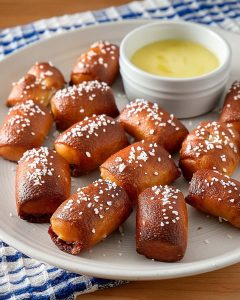 Frozen pretzel bites in Air Fryer, topped with coarse salt and served with a small bowl of melted cheese.
