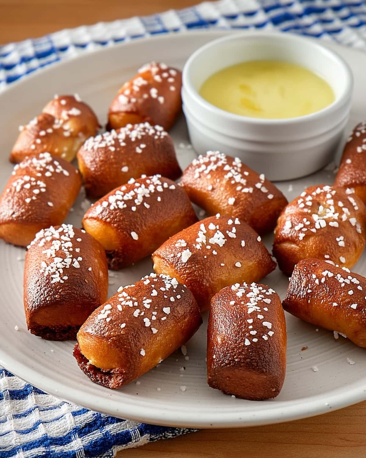 Frozen pretzel bites in Air Fryer, topped with coarse salt and served with a small bowl of melted cheese.