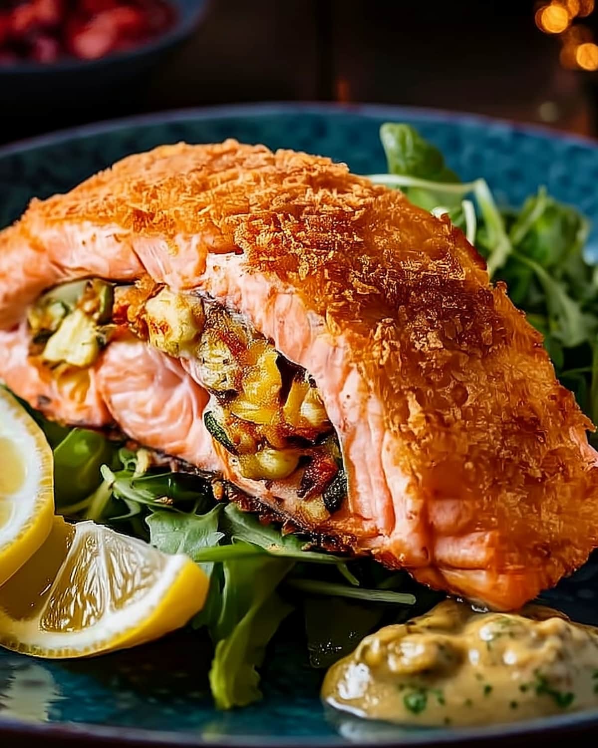 stuffed salmon in air fryer Stuffed salmon in Air Fryer with a golden crust.