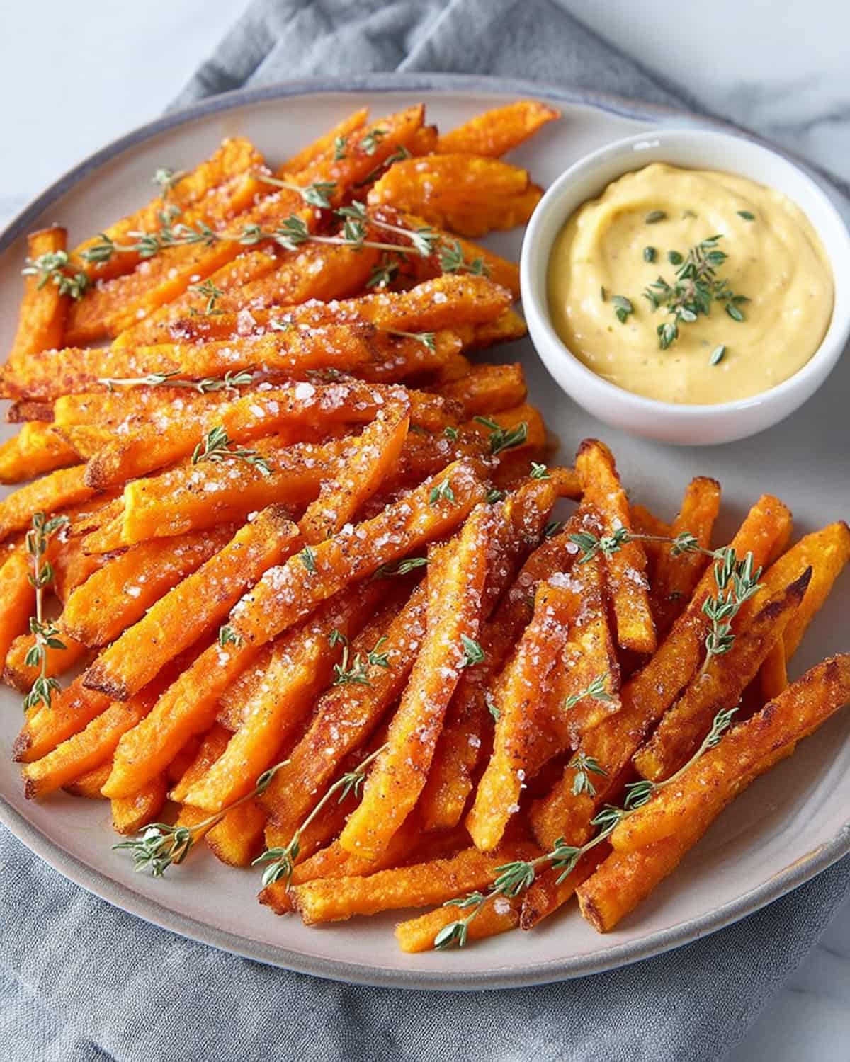 Air fryer butternut squash fries with golden-brown crispy edges, fresh thyme, and creamy dipping sauce.