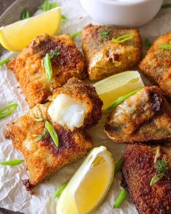 Air Fryer Catfish Nuggets with golden crispy coating, flaky white fish inside, garnished with fresh herbs and lemon wedges.