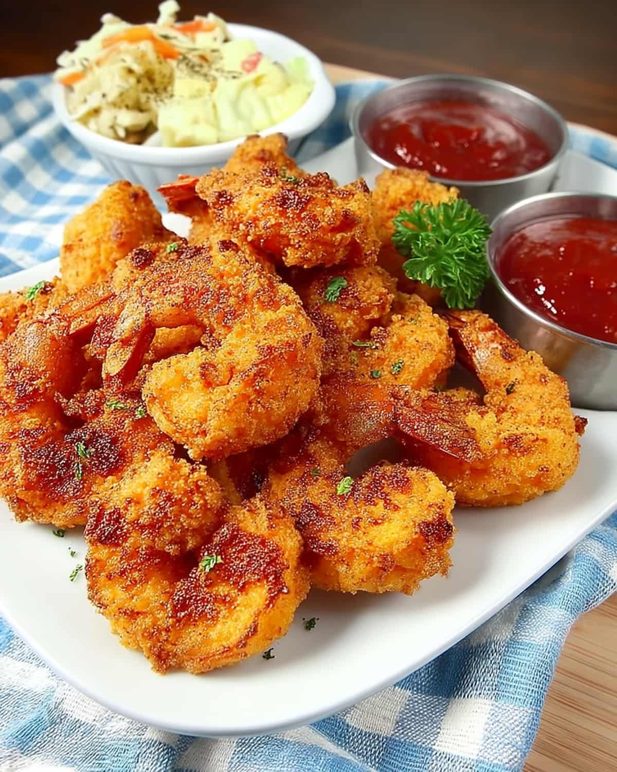 Air fryer fried shrimp with golden-brown breading, parsley garnish, cocktail sauce.