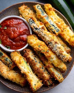 Air Fryer Zucchini Fries coated in golden breadcrumbs, served with marinara sauce on the side for a crunchy, flavorful snack.