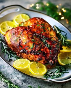Air fryer bone in turkey breast with caramelized golden-brown skin, lemon slices, fresh rosemary.