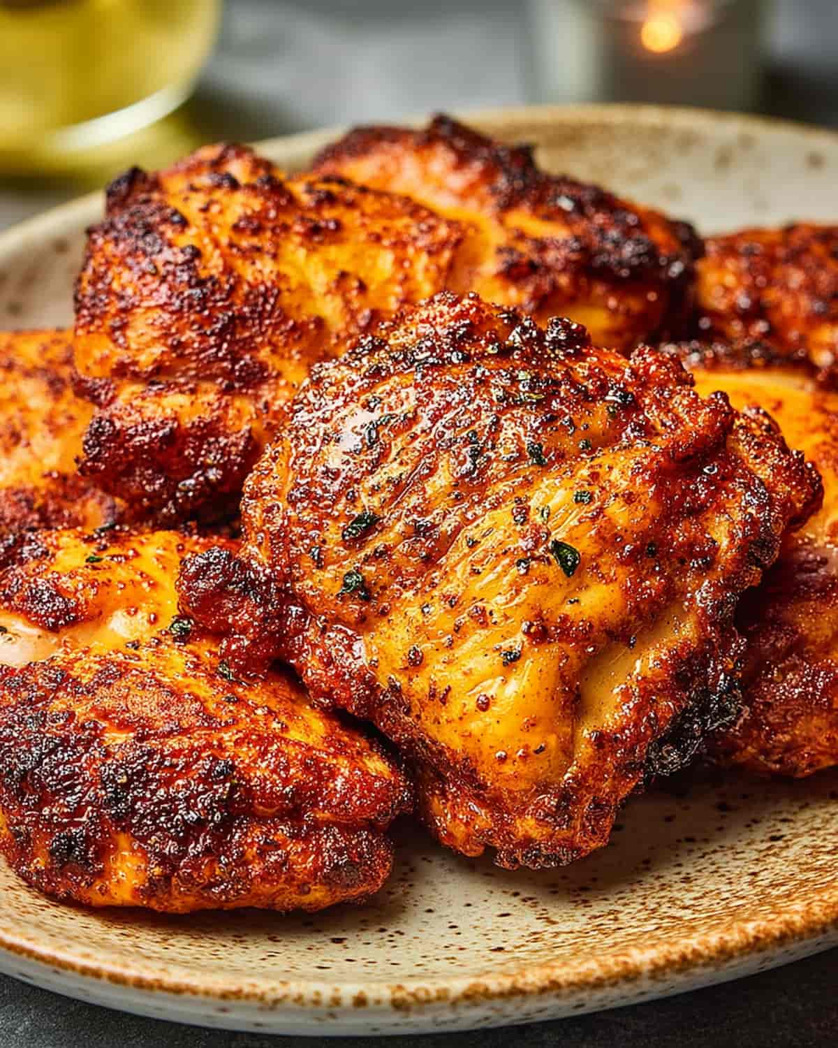 Air fryer boneless chicken thighs with caramelized edges and seasoning.
