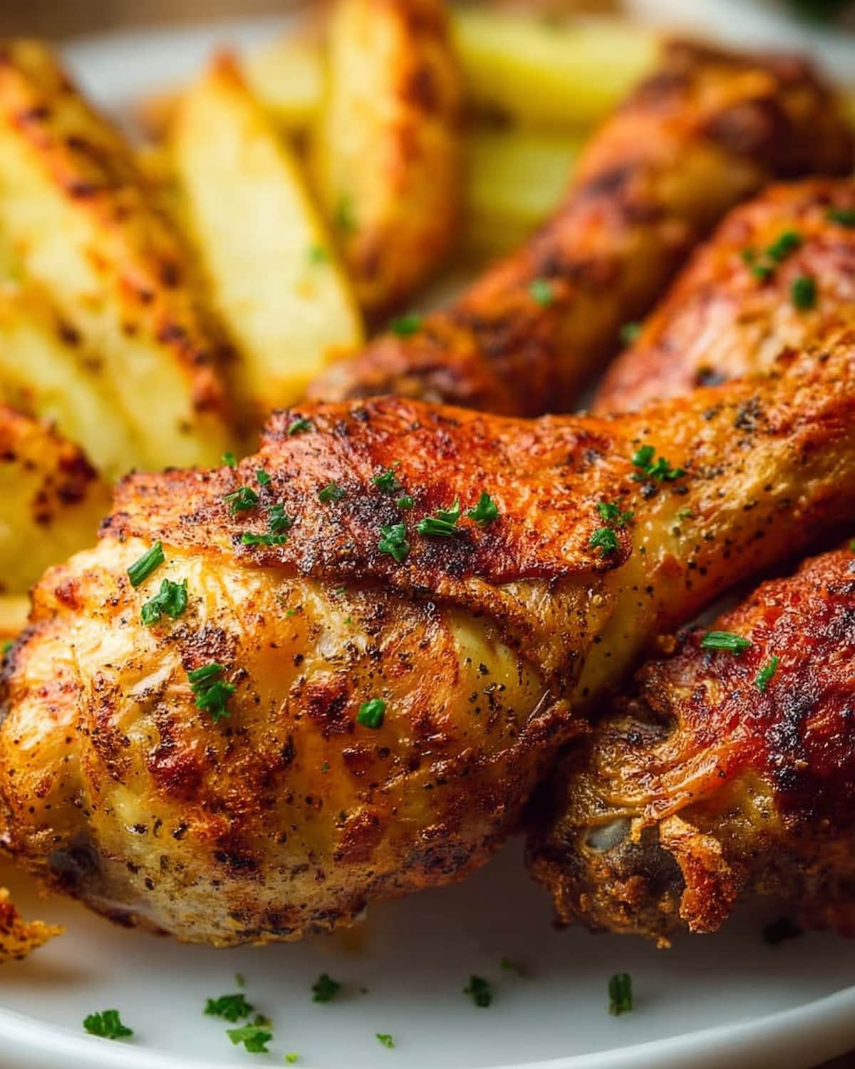 Air fryer chicken drumsticks with crispy golden-brown skin, garnished with fresh parsley.