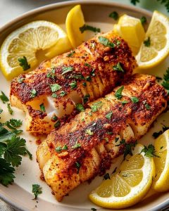 Air fryer cod recipe with golden-brown seasoned crust, garnished with fresh parsley and lemon.