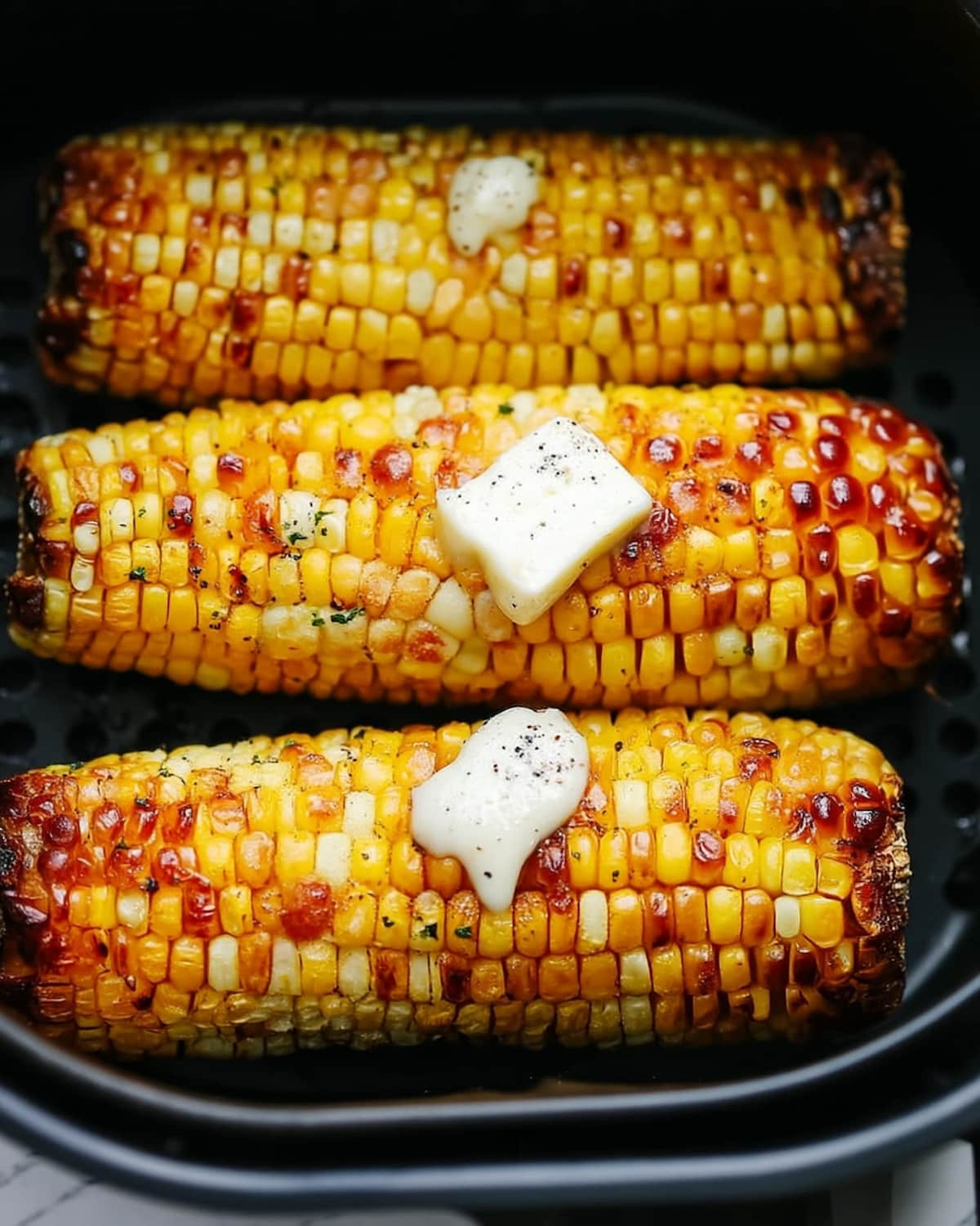 Air fryer corn on the cob with charred kernels, butter pats, and black pepper seasoning.