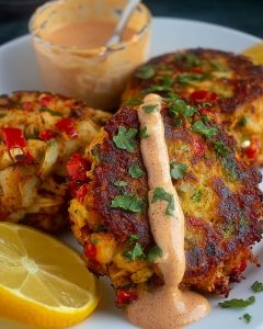 Air fryer crab cakes with golden-brown crust, red peppers, creamy sauce drizzle, fresh parsley, and lemon wedges.