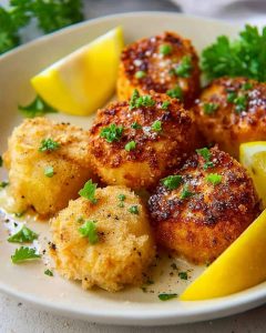 Air fryer scallops with golden-brown crust, garnished with fresh parsley and lemon wedges.