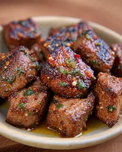 Air fryer steak bites with caramelized edges, garnished with garlic, red pepper flakes.