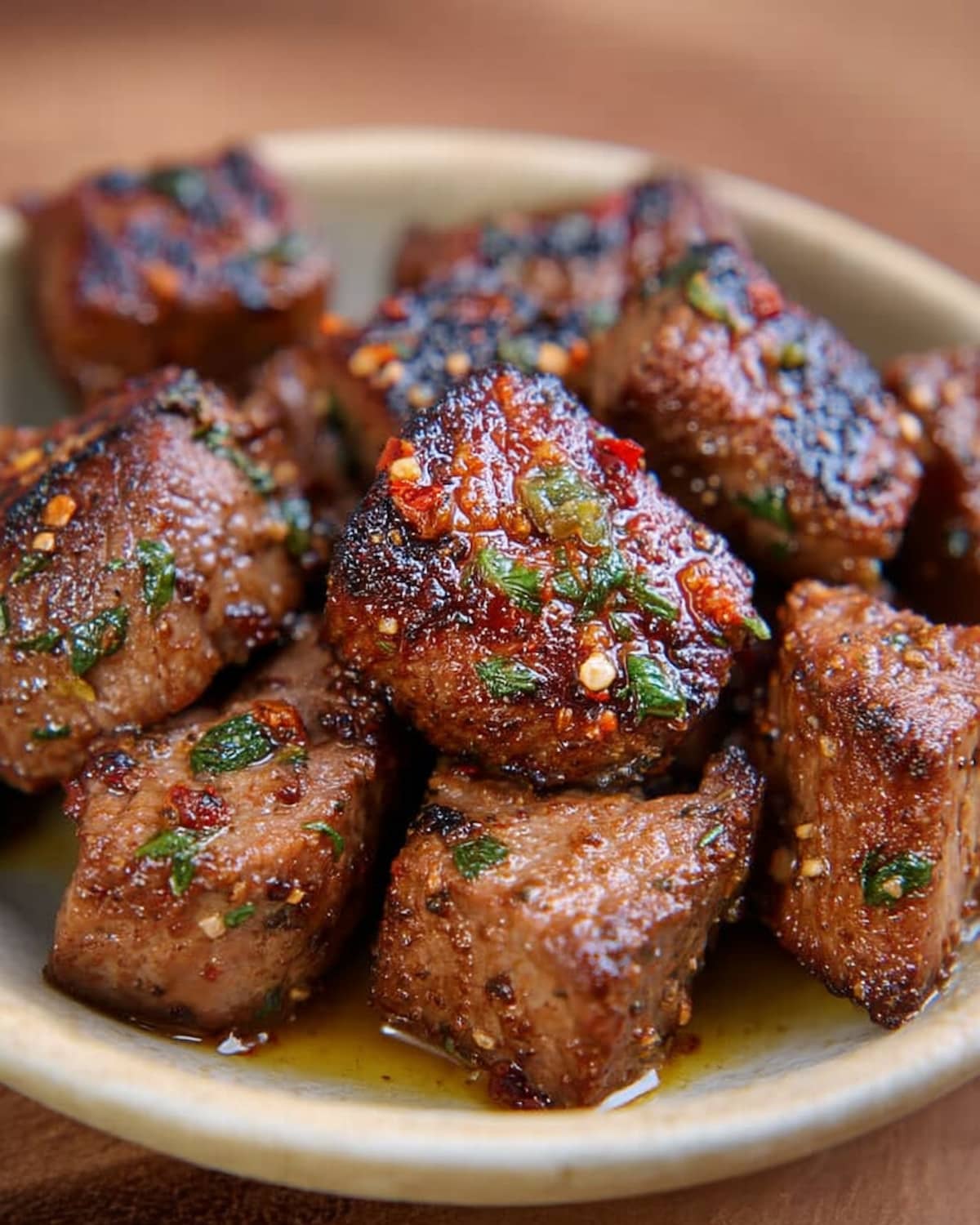 Air fryer steak bites with caramelized edges, garnished with garlic, red pepper flakes.