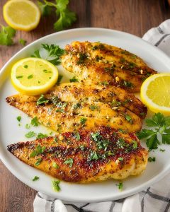 Air fryer tilapia fillets with golden brown crust, garnished with fresh parsley and lemon slices.