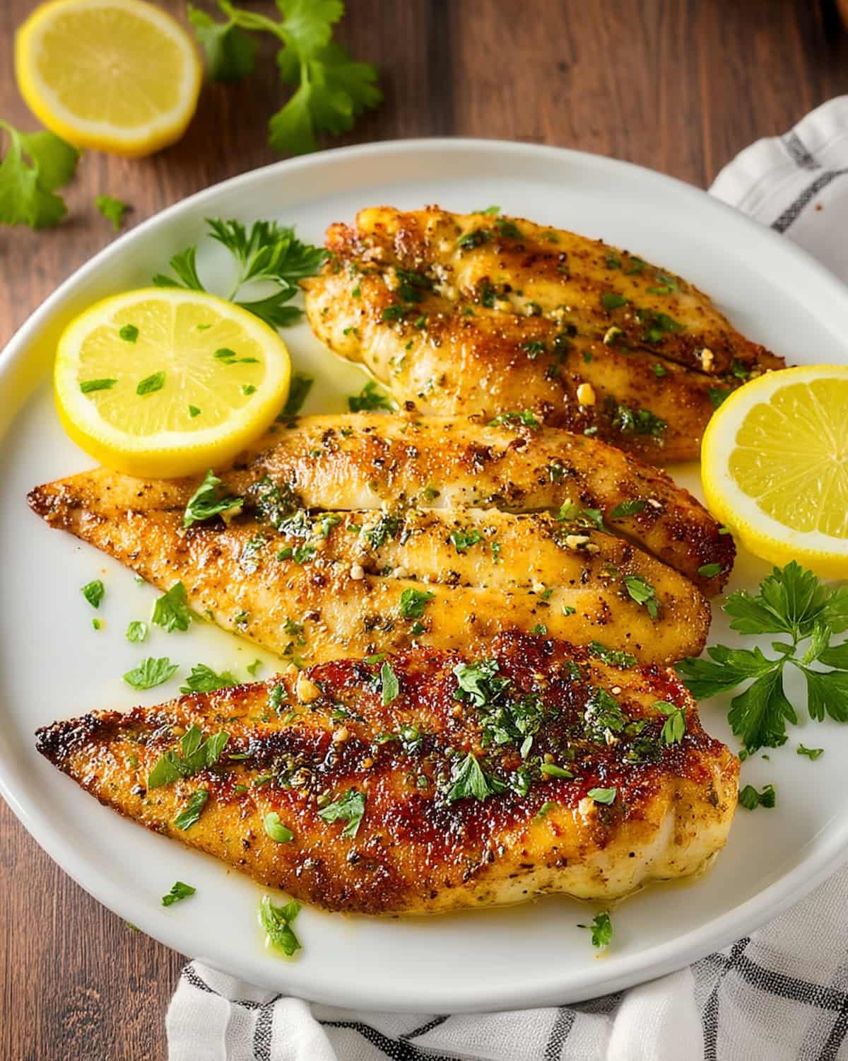 Air fryer tilapia fillets with golden brown crust, garnished with fresh parsley and lemon slices.