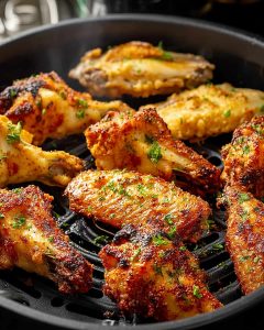 Frozen chicken wings in air fryer with golden-brown skin, seasoned with herbs.