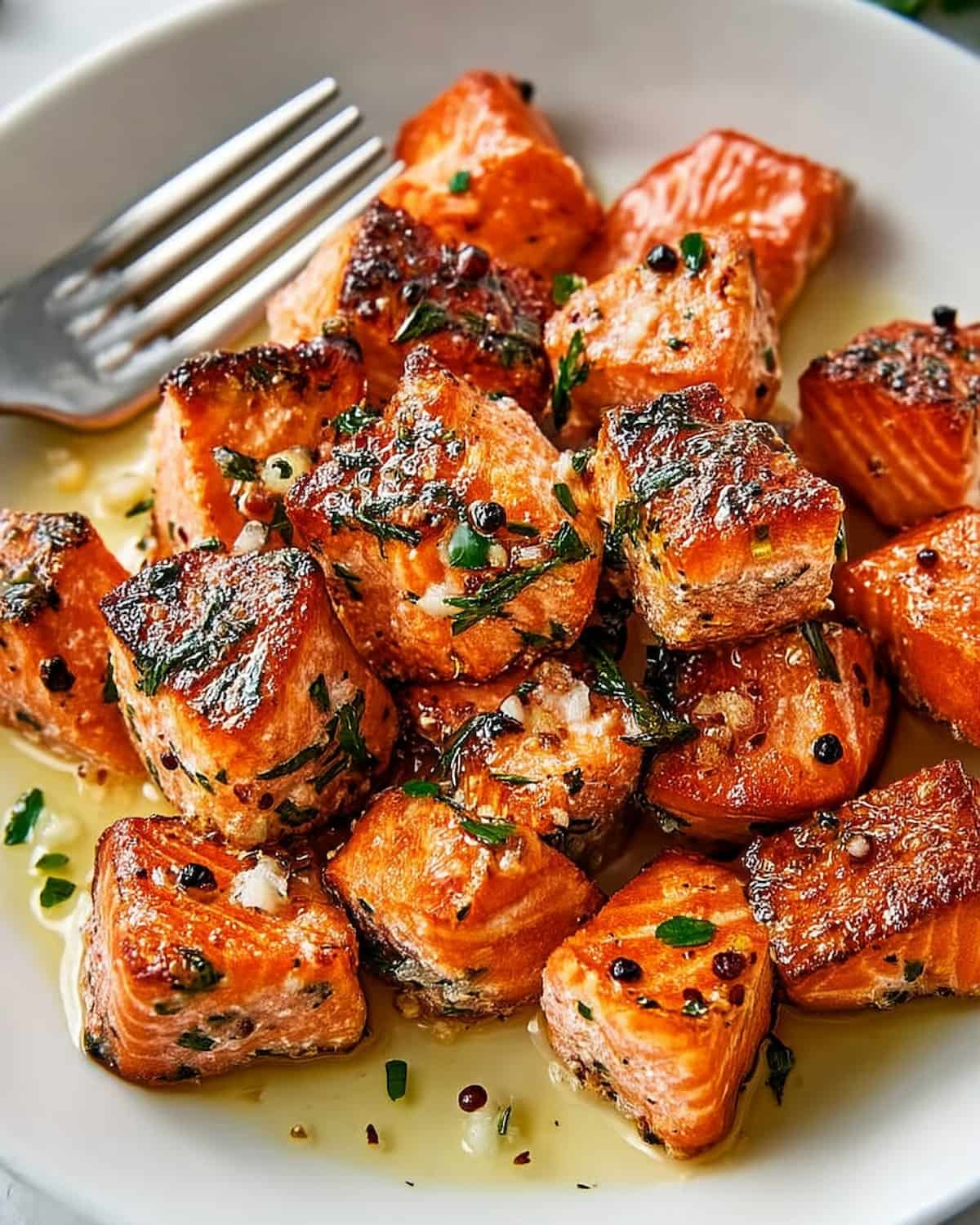 Salmon bites air fryer with caramelized edges, garnished with fresh herbs and peppercorns.
