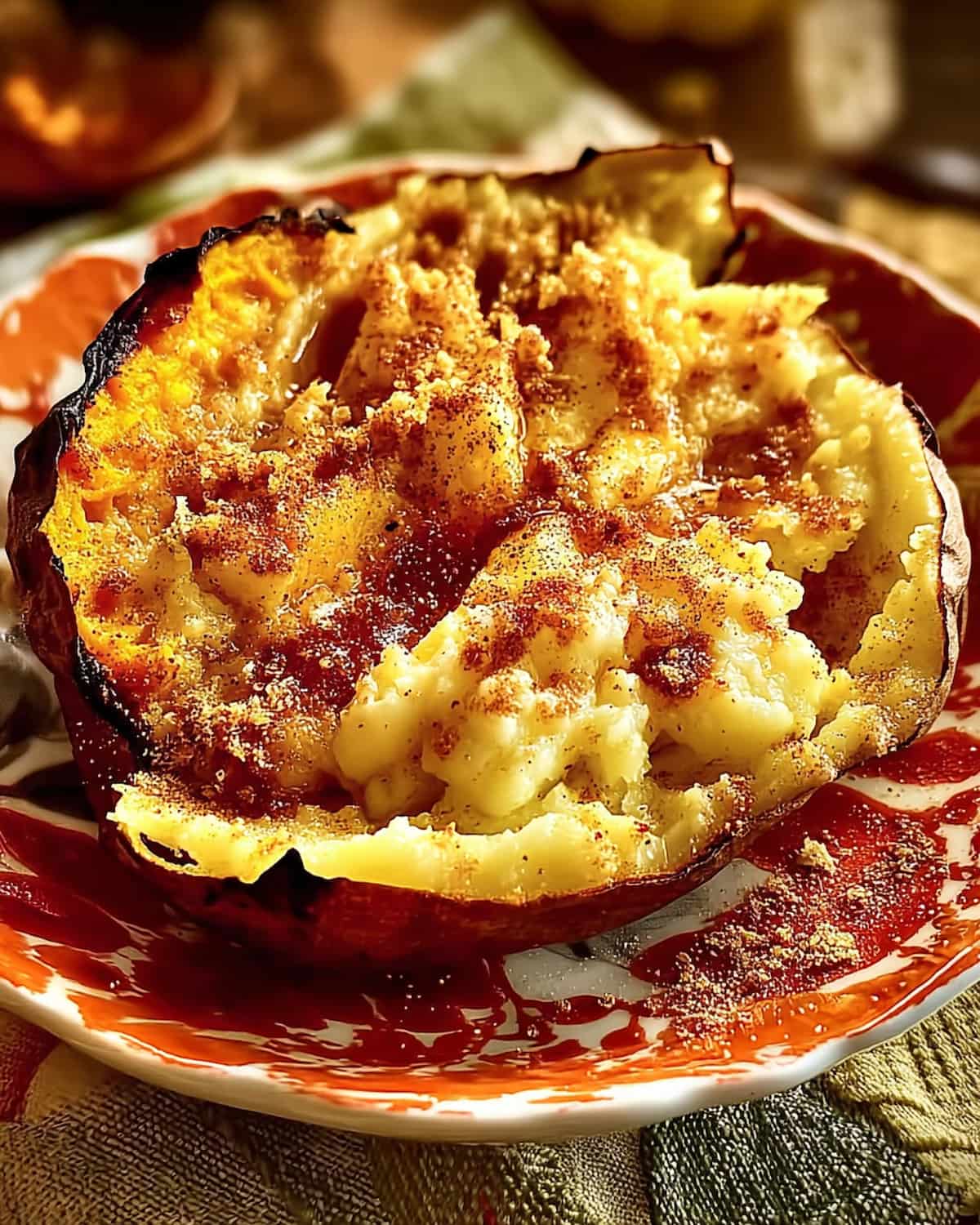 Air fryer baked sweet potato split open on red and white plate, filled with fluffy mashed interior, butter, and cinnamon seasoning.