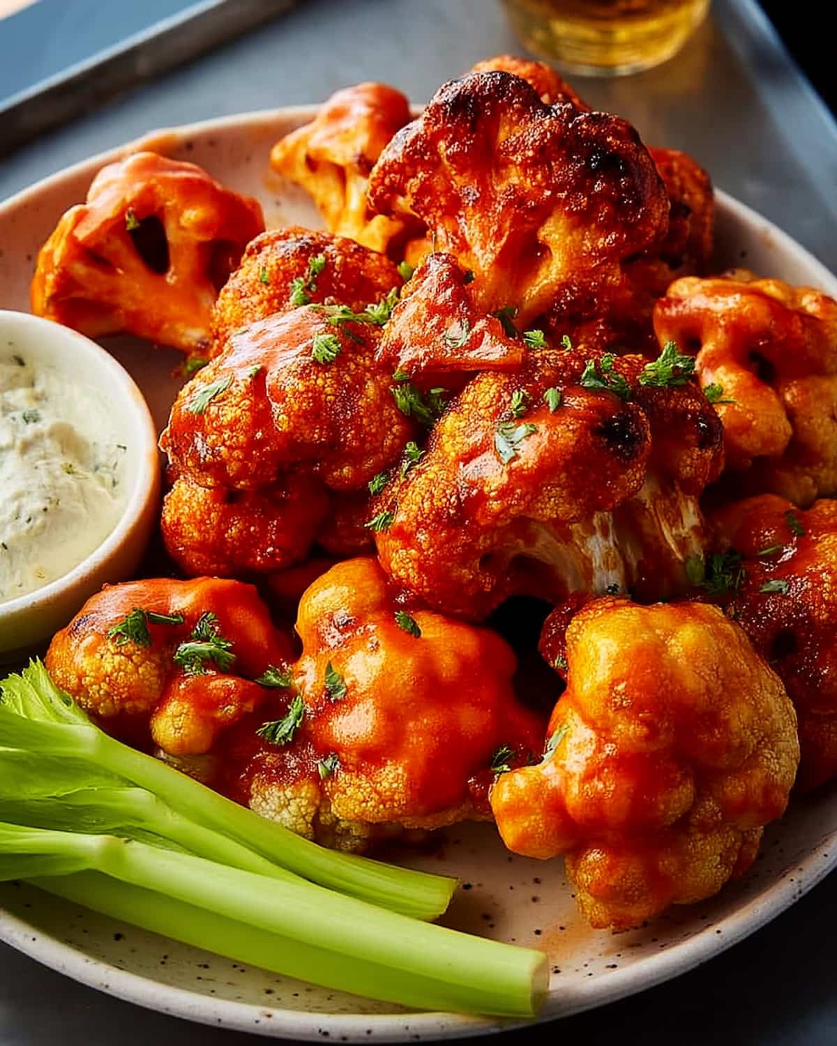 Air fryer buffalo cauliflower bites coated in orange buffalo sauce with fresh parsley, served with ranch dip.