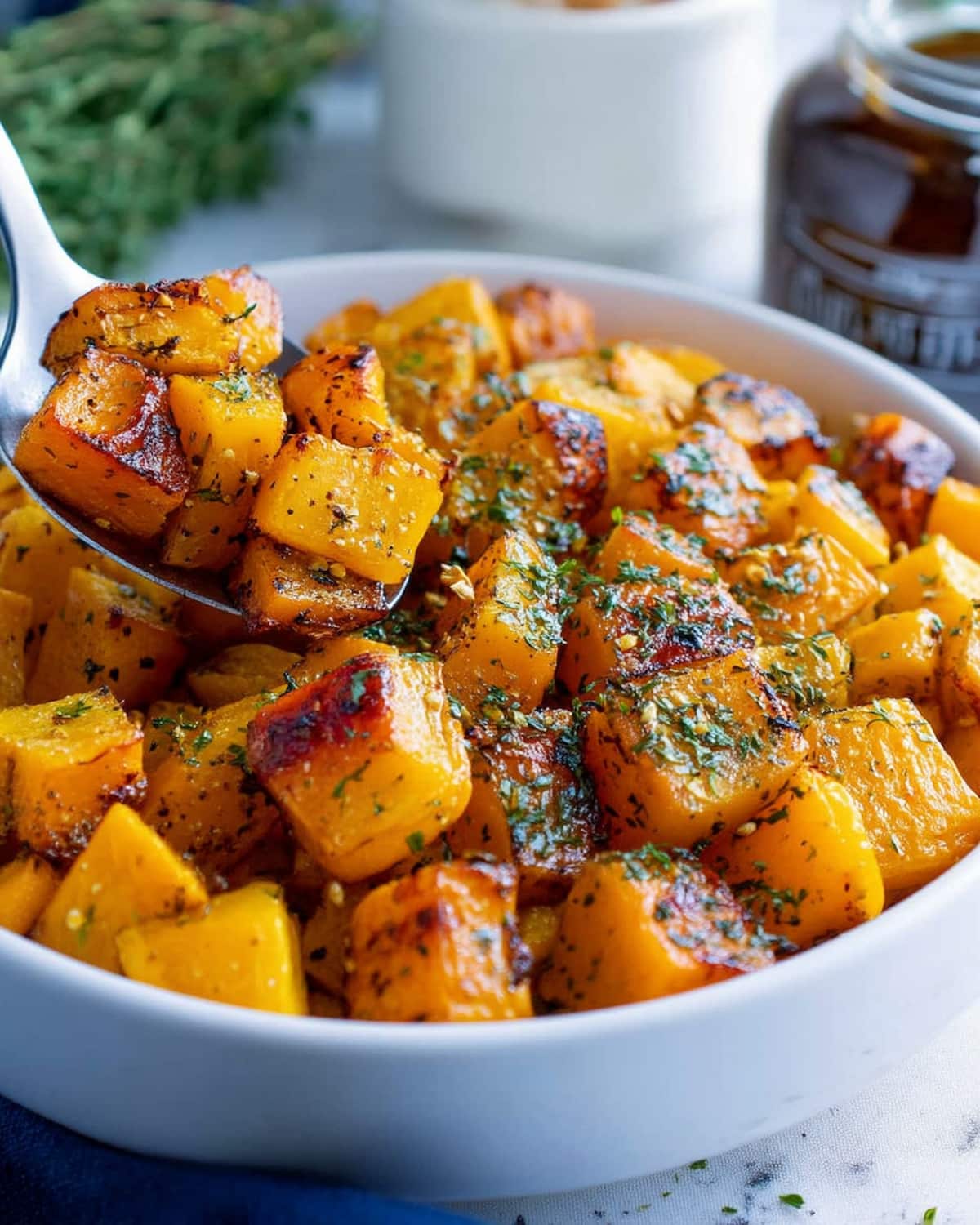 Air fryer butternut squash cubes with caramelized edges, fresh herbs, and black pepper.