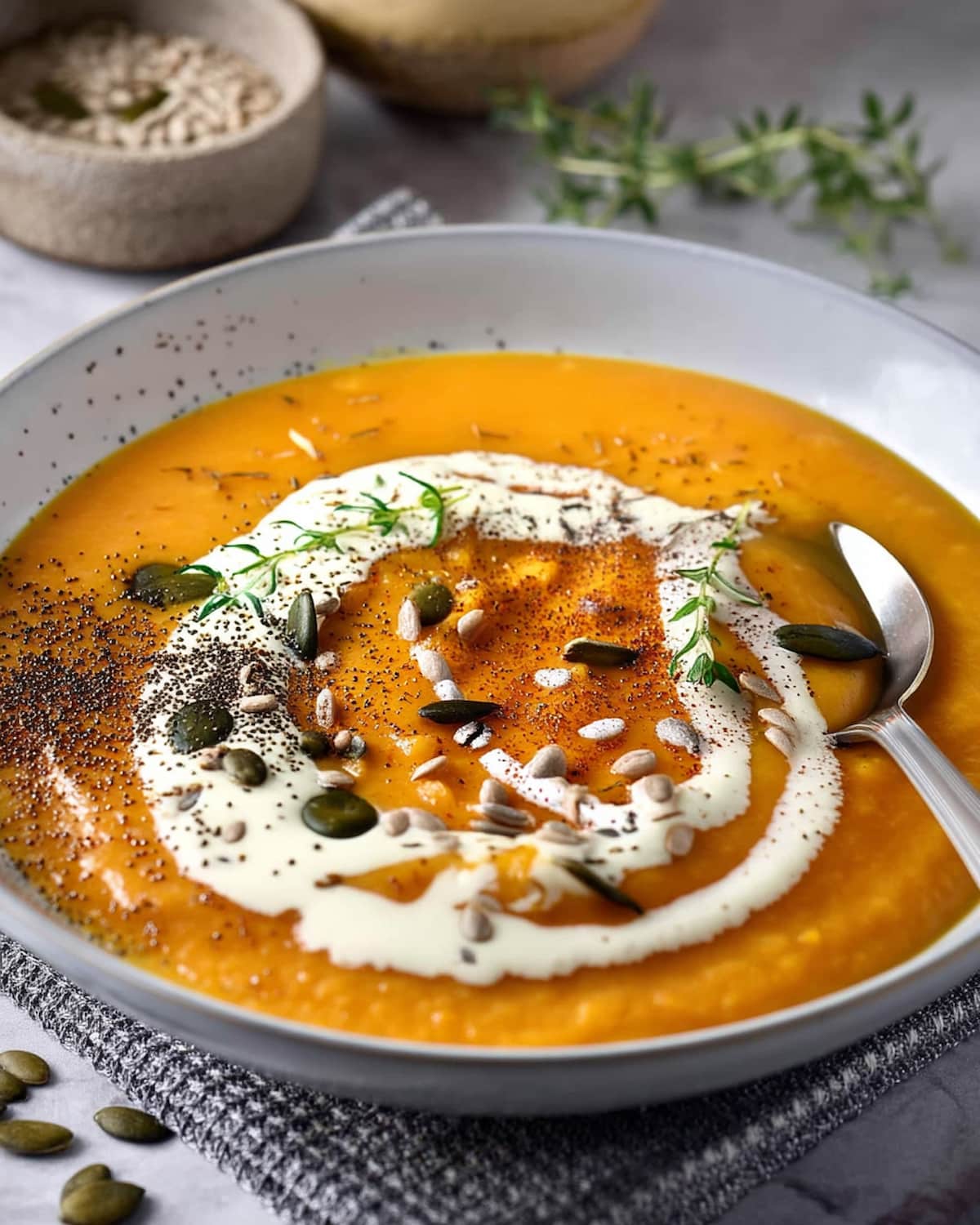 Air fryer butternut squash soup with creamy texture, cream swirl, pumpkin seeds, black pepper, and fresh.
