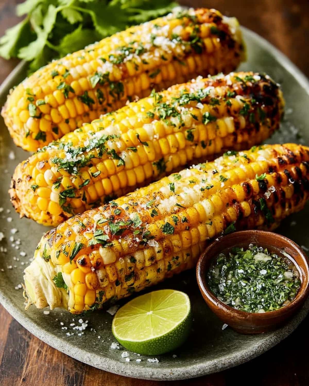 Air Fryer Corn on the Cob with charred kernels, fresh herbs, parmesan cheese, and lime wedges.