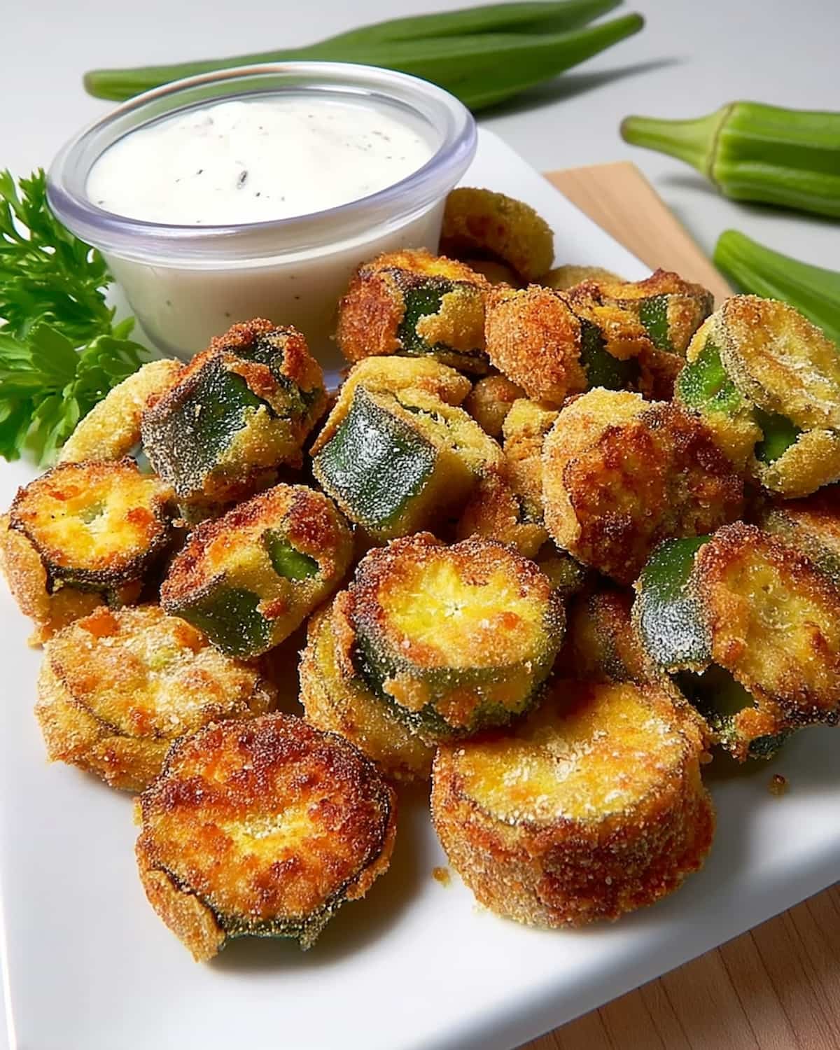 Air fryer fried okra with golden-brown crispy coating, served with creamy dipping sauce and fresh parsley.