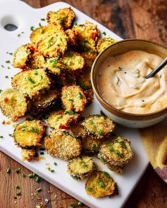 Air fryer fried pickles with golden-brown breading, fresh chives, and creamy dipping sauce.