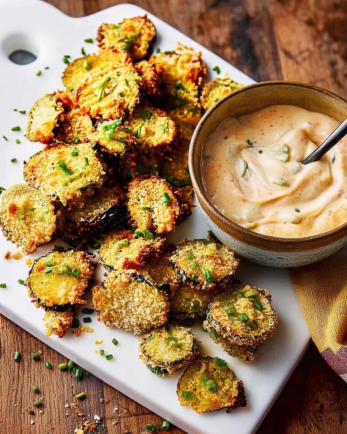 Air fryer fried pickles with golden-brown breading, fresh chives, and creamy dipping sauce.