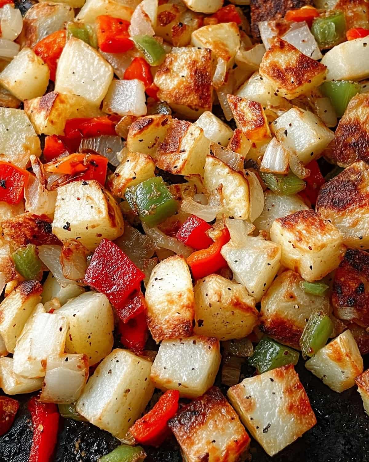 Air fryer frozen potatoes O'Brien with crispy golden potatoes, diced onions, red and green bell peppers.