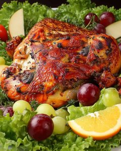 Air fryer herb butter turkey breast with golden-brown caramelized skin, garnished with lettuce, grapes, apple.